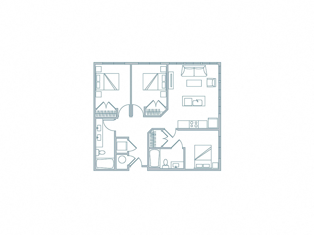 Floor plan for 3 beds, 2 baths, 495 sqft